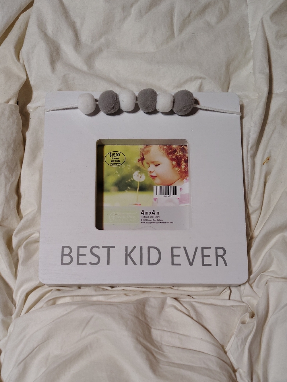 White "Best Kid Ever" Kids Photo Frame with Gray Pom-Pom Accent